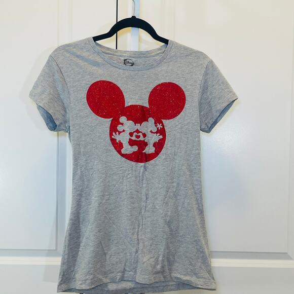 Disney Mickey and Minnie Mouse Heart Tee - Women Size XL - Gray and Red Metallic - Picture 1 of 4
